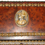 Antique French Napoleon III Burled Document or Gloves Casket, Ornate Box with Brass Strips & Figural Medallions