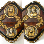 Antique French Napoleon III Burled Document or Gloves Casket, Ornate Box with Brass Strips & Figural Medallions