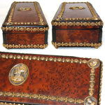 Antique French Napoleon III Burled Document or Gloves Casket, Ornate Box with Brass Strips & Figural Medallions
