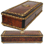 Antique French Napoleon III Burled Document or Gloves Casket, Ornate Box with Brass Strips & Figural Medallions