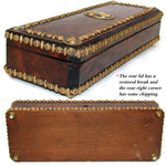 Antique French Napoleon III Burled Document or Gloves Casket, Ornate Box with Brass Strips & Figural Medallions