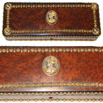 Antique French Napoleon III Burled Document or Gloves Casket, Ornate Box with Brass Strips & Figural Medallions