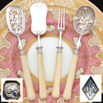 Antique French Hallmarked 4pc Condiment or Hors d'Oeuvre Serving Set, Genuine Ivory Handles