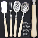 Antique French Hallmarked 4pc Condiment or Hors d'Oeuvre Serving Set, Genuine Ivory Handles
