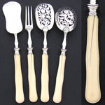 Antique French Hallmarked 4pc Condiment or Hors d'Oeuvre Serving Set, Genuine Ivory Handles