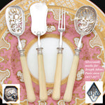 Antique French Hallmarked 4pc Condiment or Hors d'Oeuvre Serving Set, Genuine Ivory Handles