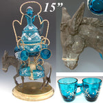 Antique French 15” Napoleon III Liqueur Stand, Caddy or Tantalus, Enameled Blue Glass Decanter & Cups: Mule Figural Stand