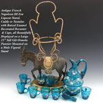 Antique French 15” Napoleon III Liqueur Stand, Caddy or Tantalus, Enameled Blue Glass Decanter & Cups: Mule Figural Stand