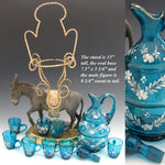Antique French 15” Napoleon III Liqueur Stand, Caddy or Tantalus, Enameled Blue Glass Decanter & Cups: Mule Figural Stand