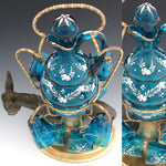 Antique French 15” Napoleon III Liqueur Stand, Caddy or Tantalus, Enameled Blue Glass Decanter & Cups: Mule Figural Stand