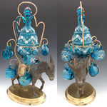 Antique French 15” Napoleon III Liqueur Stand, Caddy or Tantalus, Enameled Blue Glass Decanter & Cups: Mule Figural Stand
