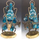 Antique French 15” Napoleon III Liqueur Stand, Caddy or Tantalus, Enameled Blue Glass Decanter & Cups: Mule Figural Stand