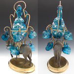 Antique French 15” Napoleon III Liqueur Stand, Caddy or Tantalus, Enameled Blue Glass Decanter & Cups: Mule Figural Stand