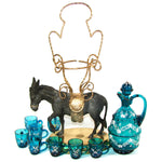 Antique French 15” Napoleon III Liqueur Stand, Caddy or Tantalus, Enameled Blue Glass Decanter & Cups: Mule Figural Stand