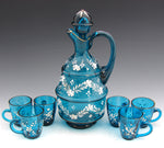 Antique French 15” Napoleon III Liqueur Stand, Caddy or Tantalus, Enameled Blue Glass Decanter & Cups: Mule Figural Stand