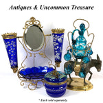 Antique French 15” Napoleon III Liqueur Stand, Caddy or Tantalus, Enameled Blue Glass Decanter & Cups: Mule Figural Stand