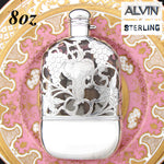 Antique Art Nouveau Style Sterling Silver Overlay 8oz Liquor Flask, Leaves & Grapes