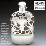 Antique Art Nouveau Style Sterling Silver Overlay 8oz Liquor Flask, Leaves & Grapes