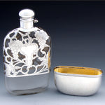 Antique Art Nouveau Style Sterling Silver Overlay 8oz Liquor Flask, Leaves & Grapes
