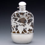 Antique Art Nouveau Style Sterling Silver Overlay 8oz Liquor Flask, Leaves & Grapes