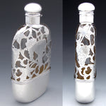 Antique Art Nouveau Style Sterling Silver Overlay 8oz Liquor Flask, Leaves & Grapes