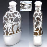 Antique Art Nouveau Style Sterling Silver Overlay 8oz Liquor Flask, Leaves & Grapes