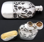 Antique Art Nouveau Style Sterling Silver Overlay 8oz Liquor Flask, Leaves & Grapes