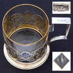Fine Vintage Russian Niello & Vermeil Silver & Glass Tea Cup, Pierced or Reticulated