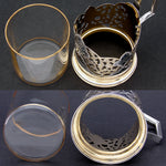 Fine Vintage Russian Niello & Vermeil Silver & Glass Tea Cup, Pierced or Reticulated