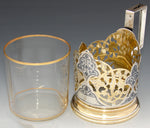 Fine Vintage Russian Niello & Vermeil Silver & Glass Tea Cup, Pierced or Reticulated