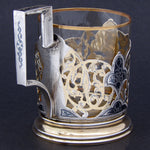 Fine Vintage Russian Niello & Vermeil Silver & Glass Tea Cup, Pierced or Reticulated