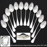 Antique French Louis XIV or Rococo Revival Style 12pc Teaspoon Set, Orig. Fitted Box