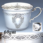 Antique French Louis XV Style Sterling Silver Coffee or Tea Cup, Seashell & Laurel Garland Accented Medallion