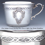 Antique French Louis XV Style Sterling Silver Coffee or Tea Cup, Seashell & Laurel Garland Accented Medallion