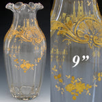 Gorgeous Antique French St Louis or Baccarat or Moser 9" Vase, Rococo Raised Gold Enamel