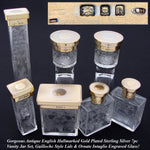 Exquisite Antique English 14k on Sterling Silver & Intaglio Etched Glass 7pc Vanity Jar Set