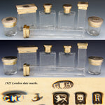 Exquisite Antique English 14k on Sterling Silver & Intaglio Etched Glass 7pc Vanity Jar Set