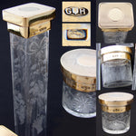 Exquisite Antique English 14k on Sterling Silver & Intaglio Etched Glass 7pc Vanity Jar Set