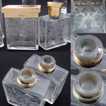 Exquisite Antique English 14k on Sterling Silver & Intaglio Etched Glass 7pc Vanity Jar Set