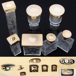 Exquisite Antique English 14k on Sterling Silver & Intaglio Etched Glass 7pc Vanity Jar Set