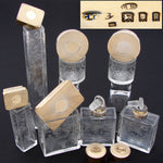 Exquisite Antique English 14k on Sterling Silver & Intaglio Etched Glass 7pc Vanity Jar Set