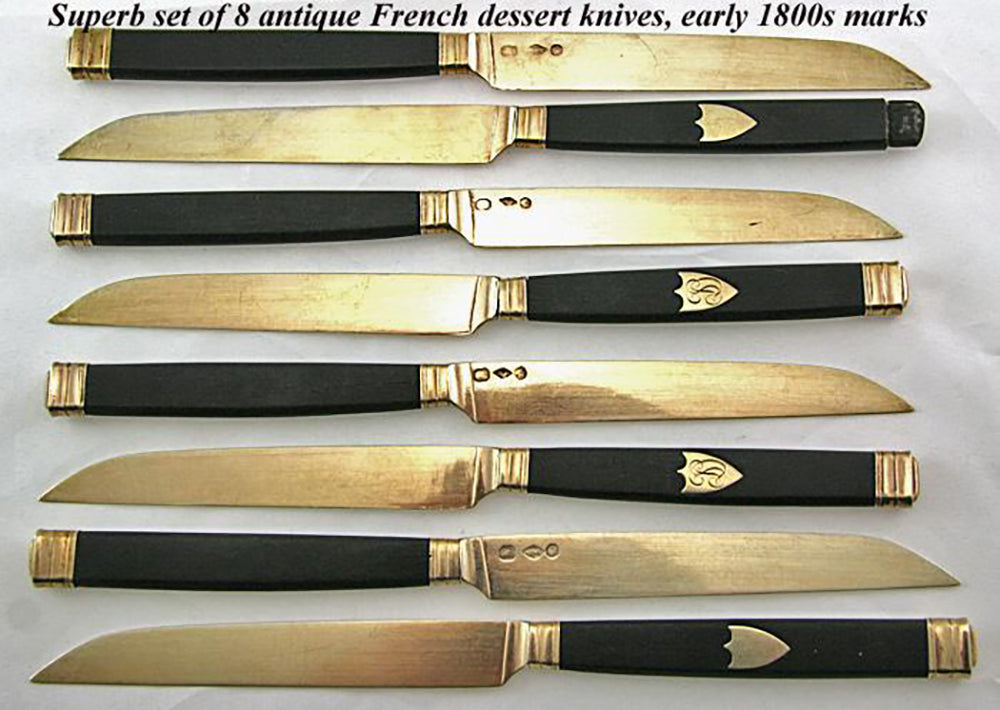 Antique French Sterling Silver, 22K Gold Vermeil & Ebony 8pc Knife Set, 1819