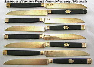 Antique French Sterling Silver, 22K Gold Vermeil & Ebony 8pc Knife Set, 1819