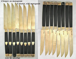 Antique French Sterling Silver, 22K Gold Vermeil & Ebony 8pc Knife Set, 1819