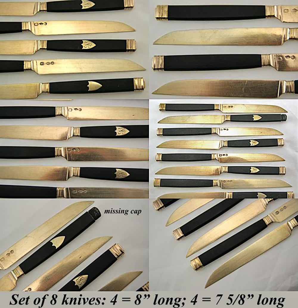 Antique French Sterling Silver, 22K Gold Vermeil & Ebony 8pc Knife Set, 1819