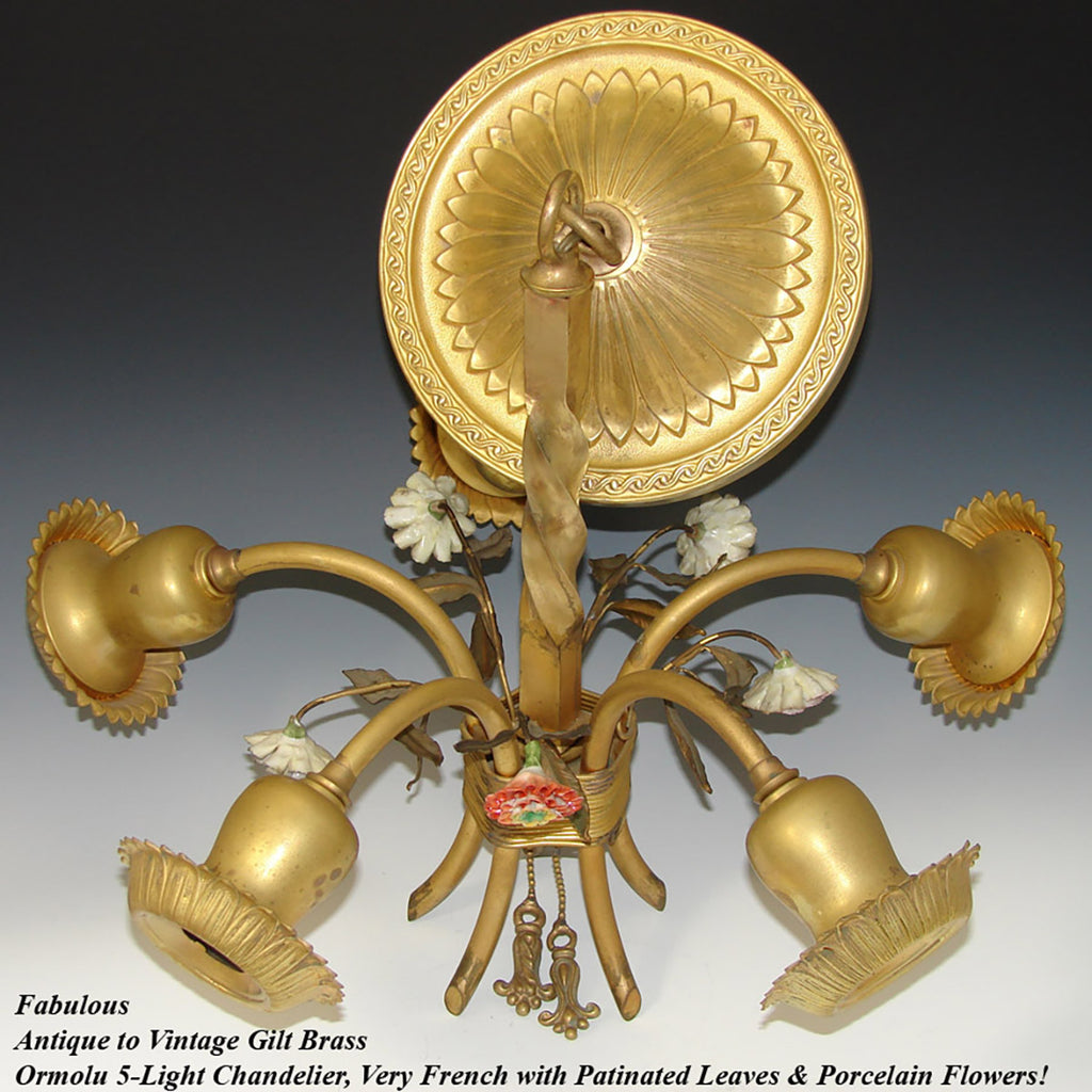 Lovely Vintage French 5-Light 18" Chandelier, Gilt Ormolu with Hand Painted Porcelain Flowers