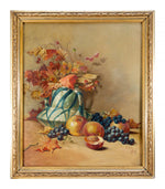 Fine Antique 1917 Artist Signed 24.5" Oil Painting on Canvas, Vase & Fruit Still Life, Gilt Frame