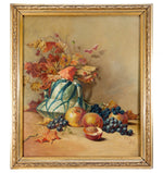 Fine Antique 1917 Artist Signed 24.5" Oil Painting on Canvas, Vase & Fruit Still Life, Gilt Frame