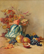 Fine Antique 1917 Artist Signed 24.5" Oil Painting on Canvas, Vase & Fruit Still Life, Gilt Frame