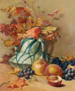 Fine Antique 1917 Artist Signed 24.5" Oil Painting on Canvas, Vase & Fruit Still Life, Gilt Frame